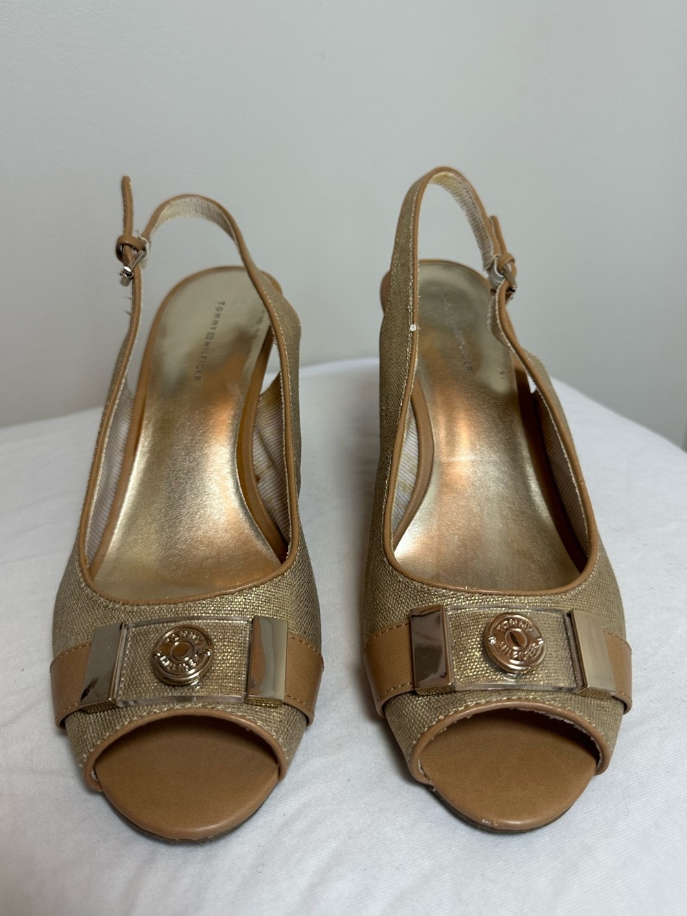 Tommy Hilfiger gold slingback wedge heels